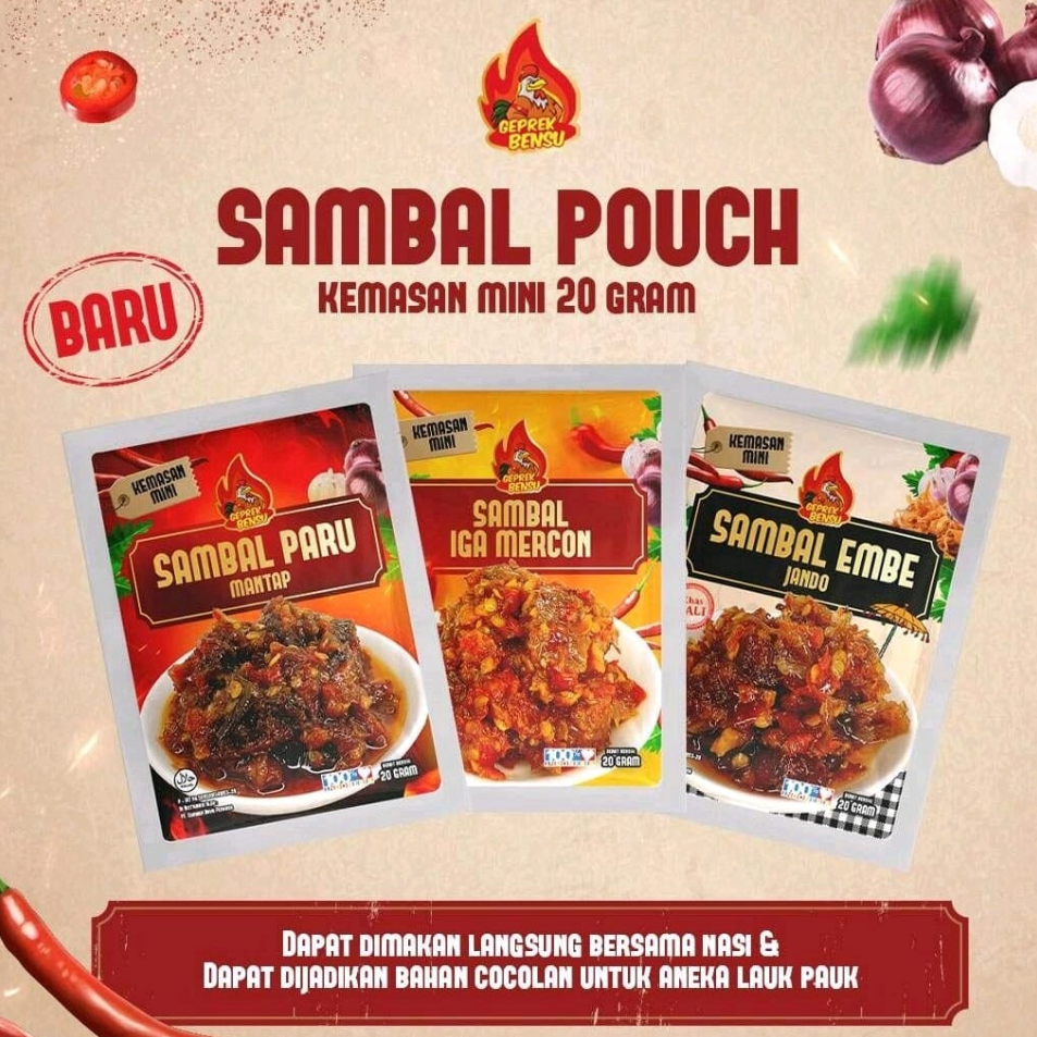 

Terupdate Sambal 20gr Geprek Bensu Sambal Paru - Sambal Iga Mercon - Sambal Embe Jando Pouch Baru