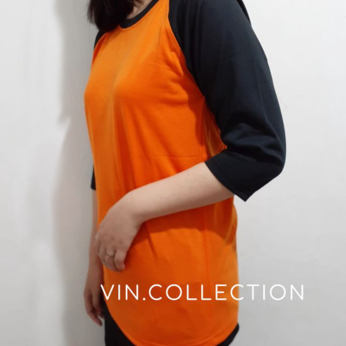 Paling Laku Kaos polos raglan 3/4 pria wanita - orange kombinasi hitam.