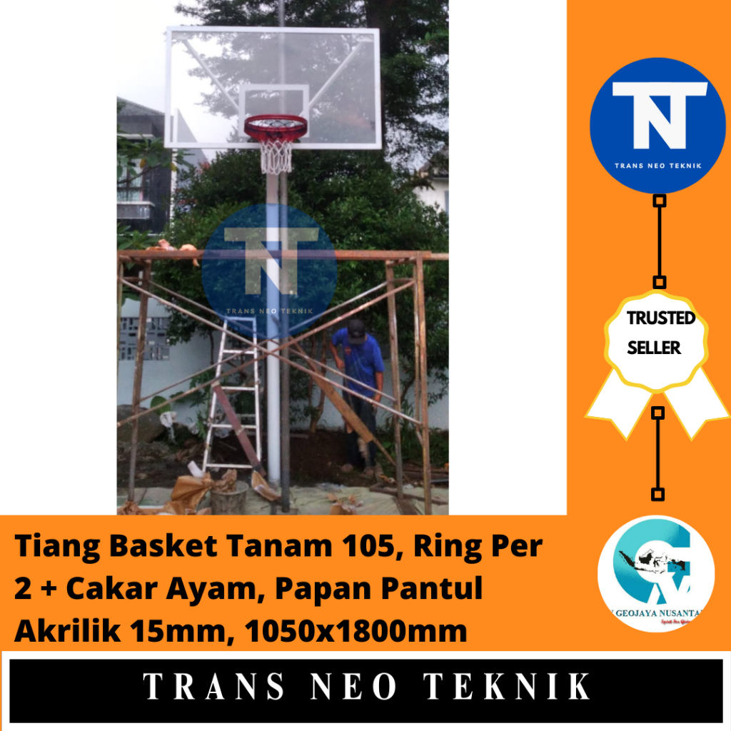 Tiang Basket Tanam 105, Ring Per 2 + Cakar Ayam, Papan Pantul Akrilik 15mm, 1050x1800mm