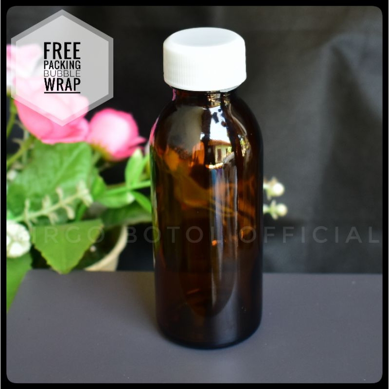 Botol Kaca Amber 100ml Tutup Plastik Putih