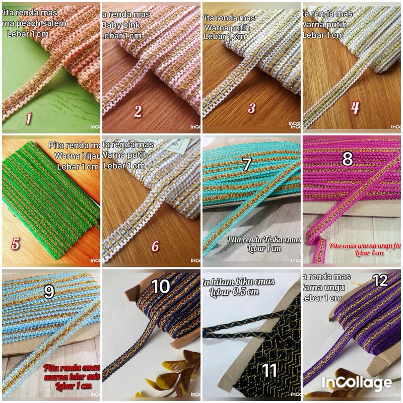 

per rol 15 yard,renda pita mas lebar 0.5 cm dan 1 cm