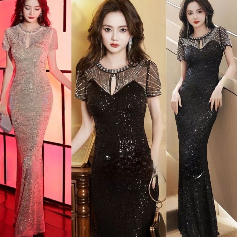 long dress maxi gold emas glitter black silver sequin gown gaun panjang malam evening night dress di