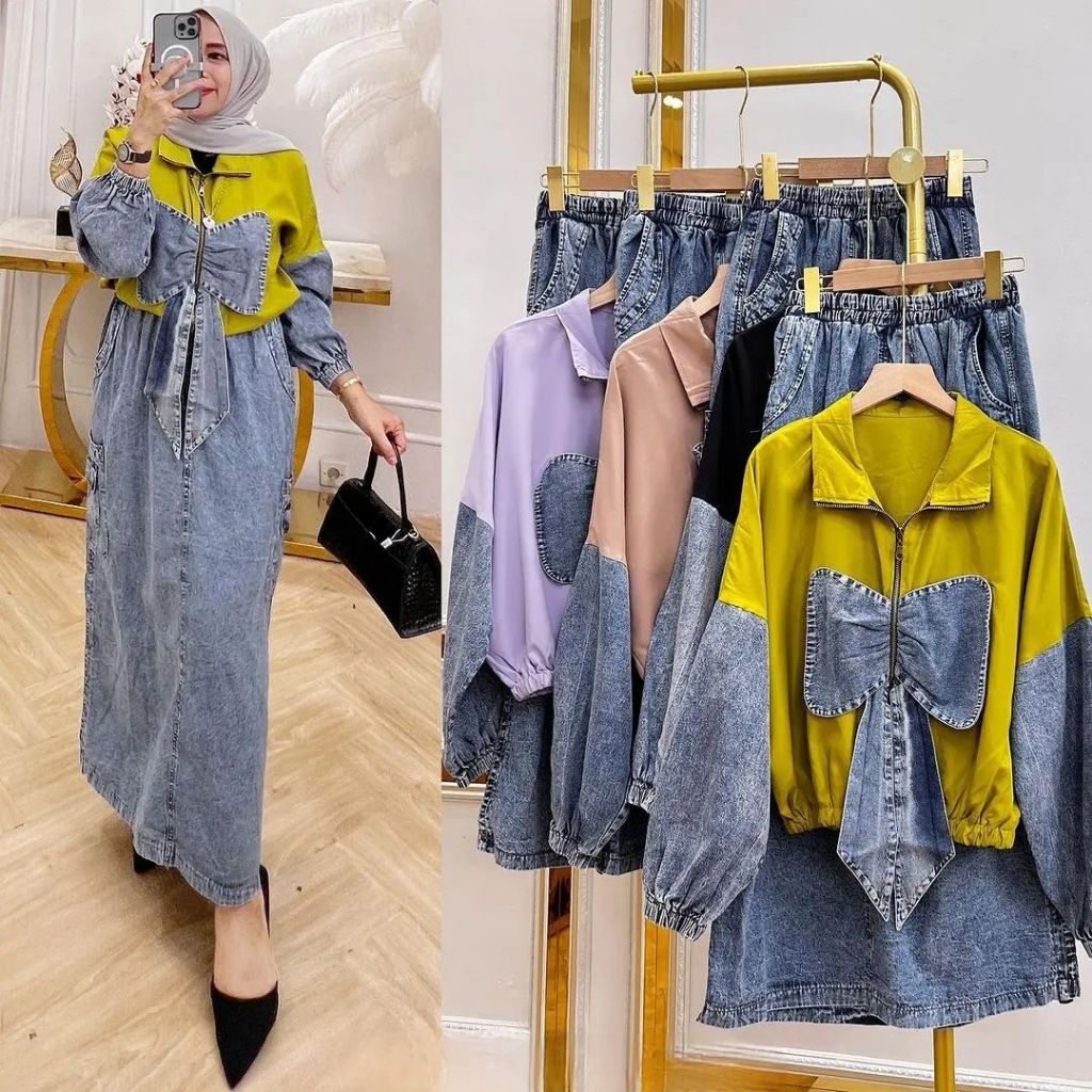 COD - Baju setelan atasan dan rok denim - Atasan semi jeans wanita terbaru - Baju setelan jeans wani