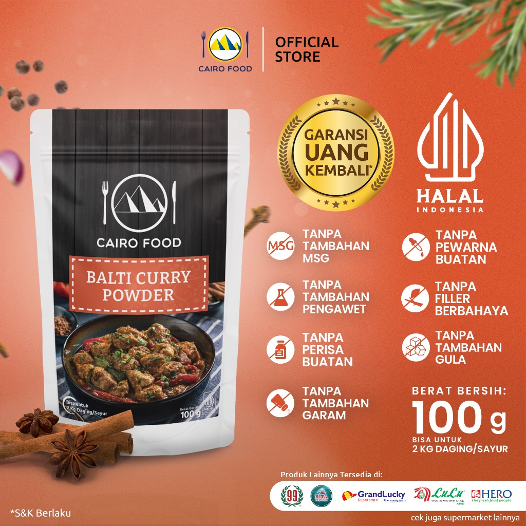 

Bumbu Balti Curry Sehat – Tanpa MSG, 100% Rempah Murni | Cairo Food - 100 Gram