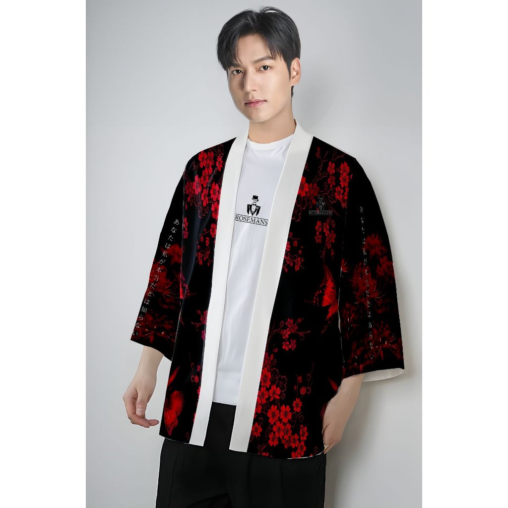 Kimono Haori Pria Bunga Jepang Kupu-Kupu