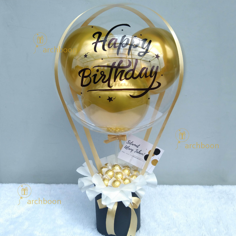 

Buket Balon Udara isi Coklat dengan Stiker Ucapan Custom Text Tulisan bisa tambah Lampu LED - Hot Air Balloon Bouquet Chocolate Hampers - Hitam Emas Black Gold - Ready Makassar