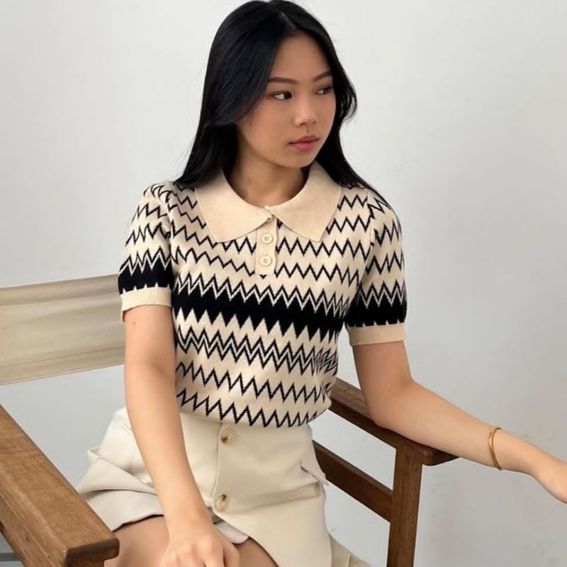 Baju Wanita Lengan Pendek Rajut | Baju Korea Wanita | Kaos Berkerah Wanita | Premium Knit Pinkdose