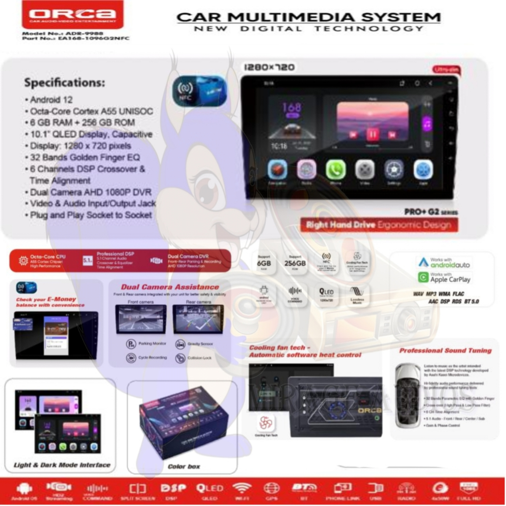 Head Unit Android 9 inch ORCA ADR-9988 PRO+ G2 Gen 2 DSP Dual DVR/CCTV COOLING FAN NFC 6GB-256GB