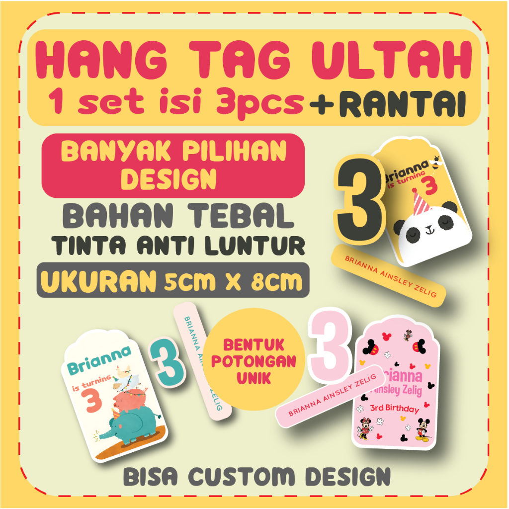 Hangtag ultah anak birthday [ CUTE BDAY ] thank you kartu ucapan ultah terima kasih plus rantai