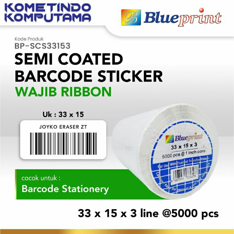 

33x15mm 3 Line Semi Coated WAJIB RIBBON BLUEPRINT isi 5000Pcs Sticker label Barcode SCS TAHAN AIR