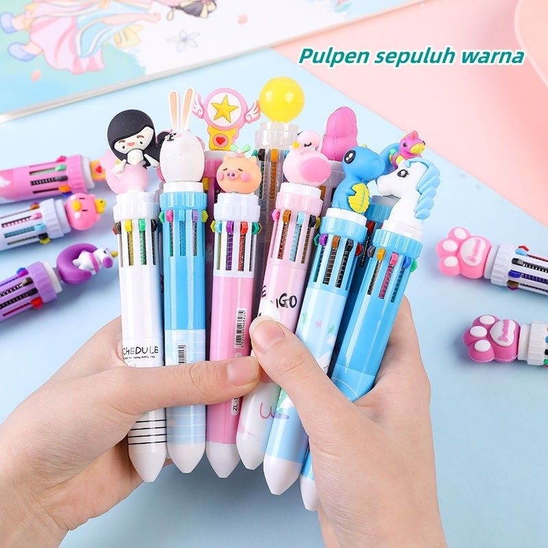 ND013 - Pulpen unicorn 10 Warna Dino kepala Unicorn Pena Ballpoint Lucu / Pulpen karakter lucu