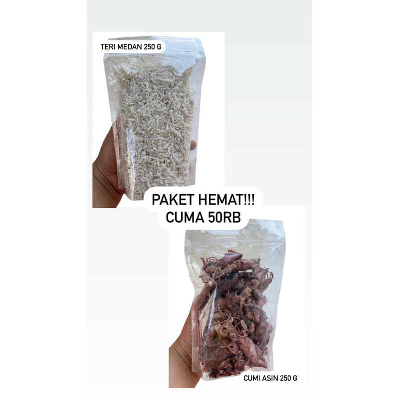 

paket hemat ! cumi asin 250 gram dan teri medan 250 gram