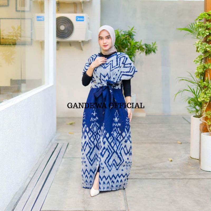 GANDEWA TENUN || ARFA Dress Gamis Tenun Blanket Etnik Tradisional Jepara Outfit Masa Kini Biru Navy
