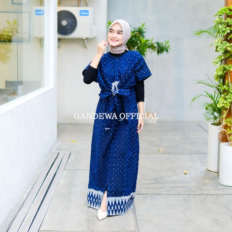 GANDEWA TENUN || ARFA Dress Gamis Tenun Blanket Etnik Tradisional motif Bintik Biru Navy Outfit Kond