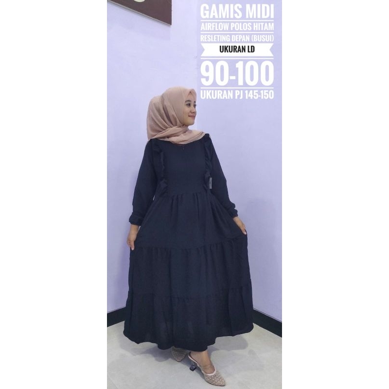 GAMIS MIDI AIRFLOW POLOS HITAM