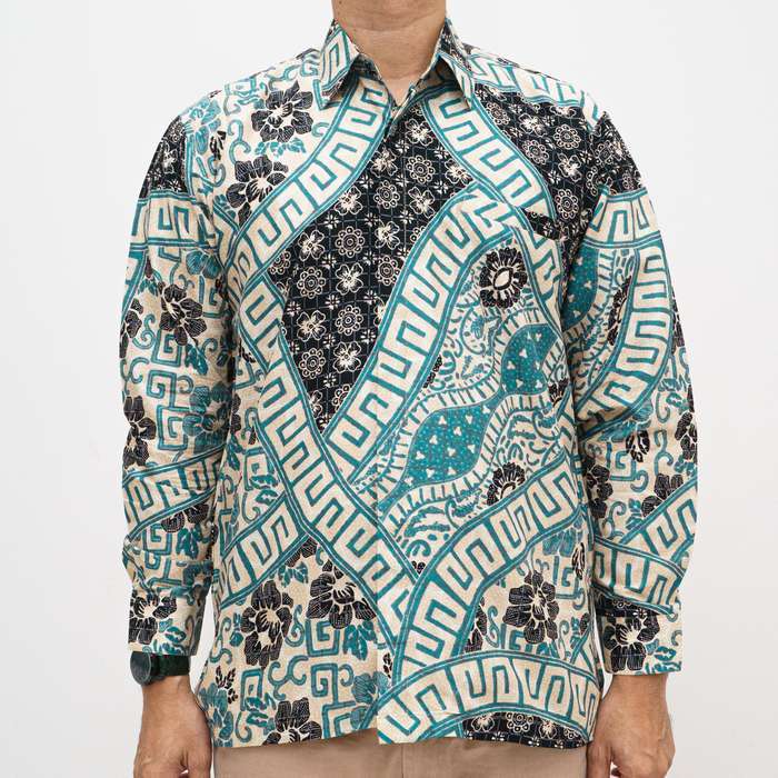 kemeja Batik Pria Katun Doby Premium Lengan Panjang warna nude kombinasi Biru Furing