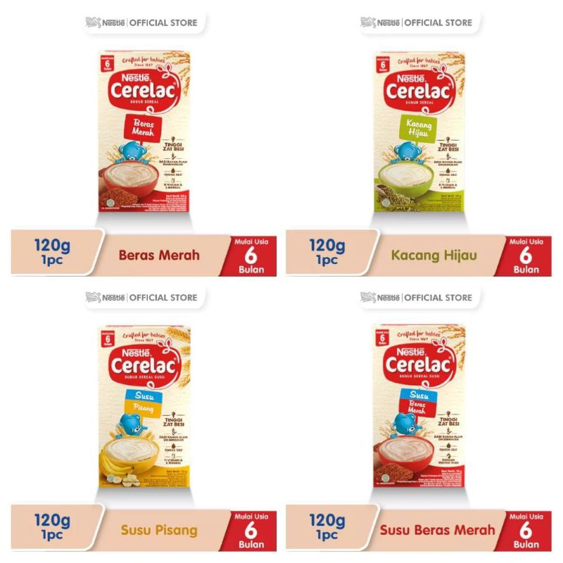 Nestle Cerelac Bubur Bayi Beras Merah / Kacang Hijau / Beras Merah Susu / Pisang Susu 120gr