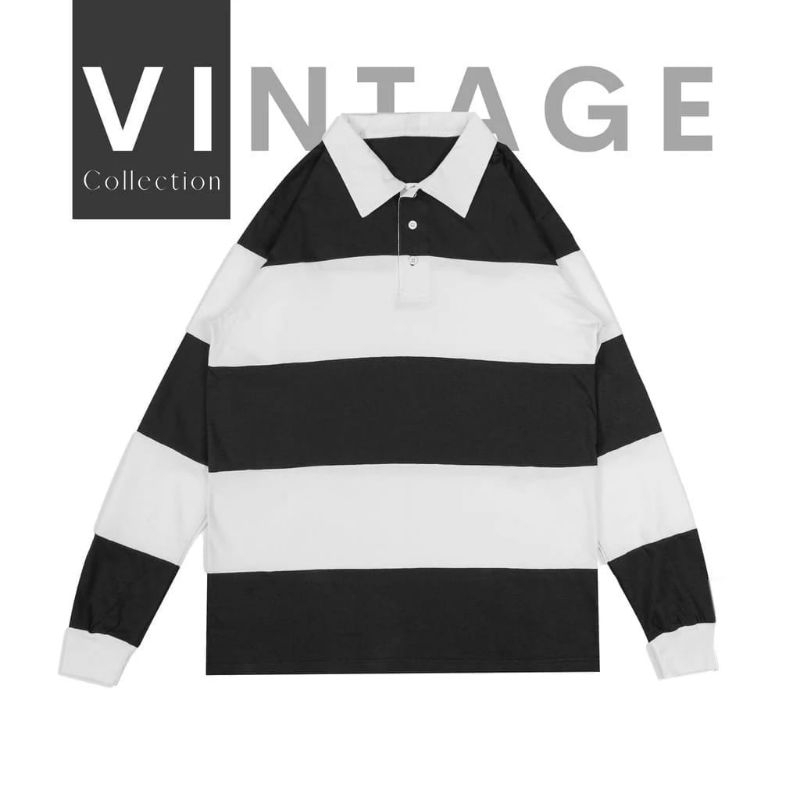 rugby shirt polo stripes kaos panjang oversize pria wanita