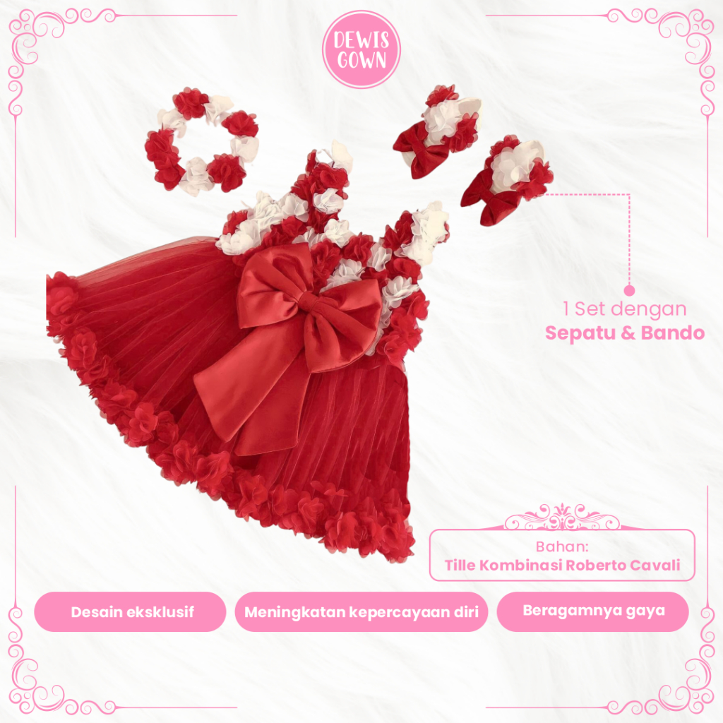 Baju Pesta Anak Perempuan Merah Putih 0 Sampai 7 Tahun Dress Gamis Gaun Bahan Tille Premium