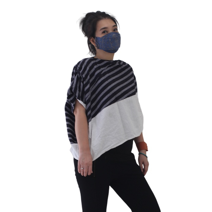 Blus Tunik Polos Atasan Loose Big Size Asimetris Ponco Lurik Linen Putih  Gesyal P1