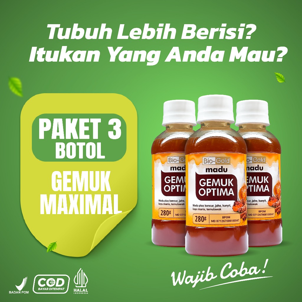 

Paket 3 BOTOL Madu Gemuk Optima Biogold Meningkatkan Nafsu Makan BPOM isi 280gr