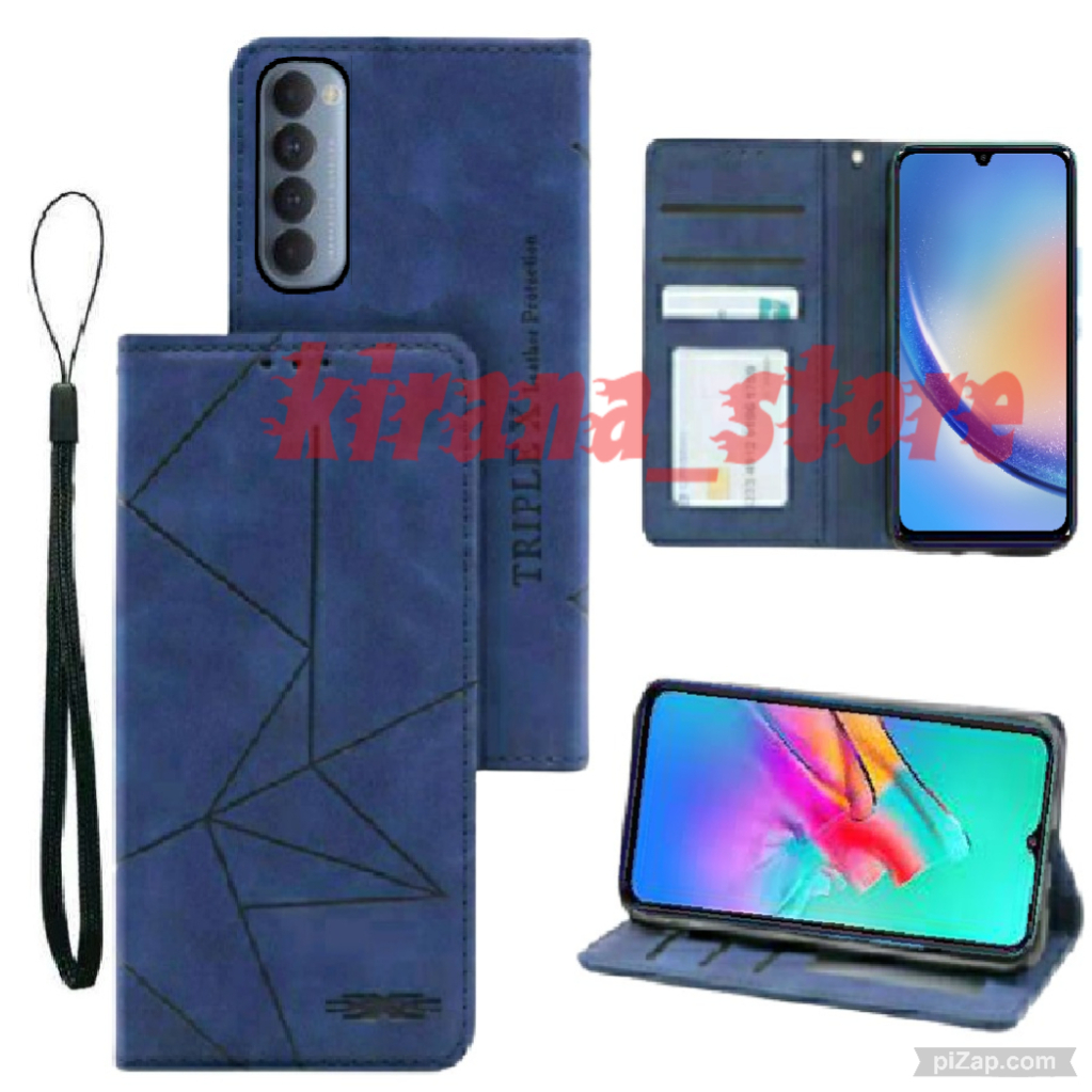 Case Flip Motif Dompet Casing HP Flip Kulit Motif Garis Wallet Leather Cover Untuk OPPO RENO 4 PRO