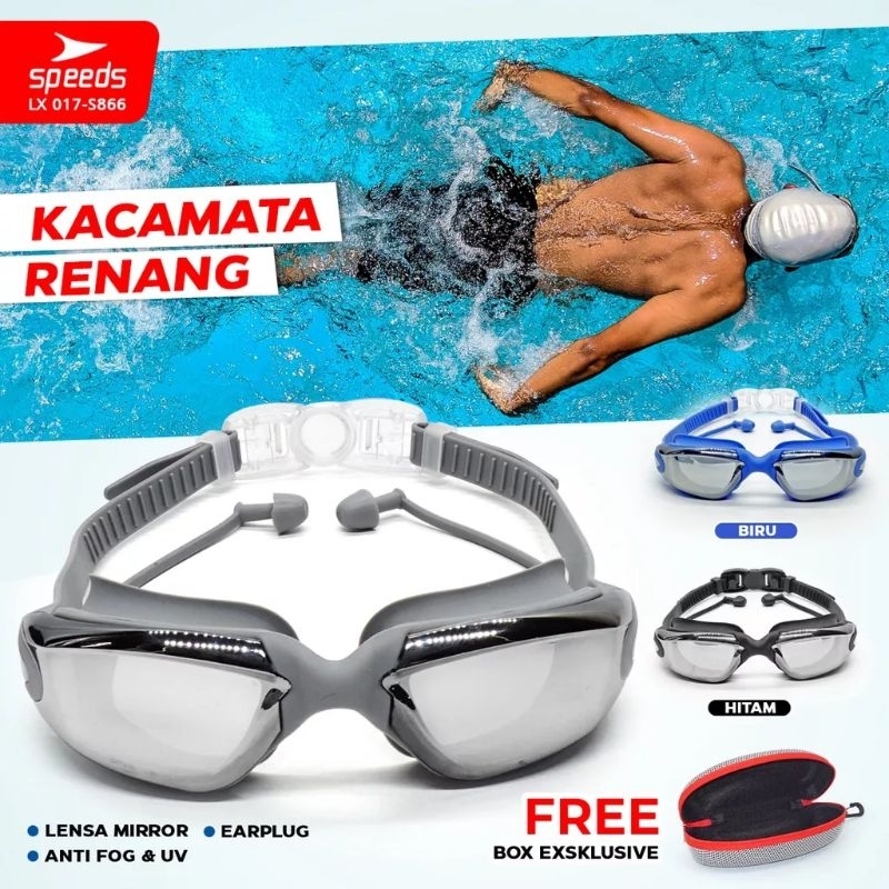 Gratis box Kacamata renang dewasa Lensa miror + penutup telinga anti UV