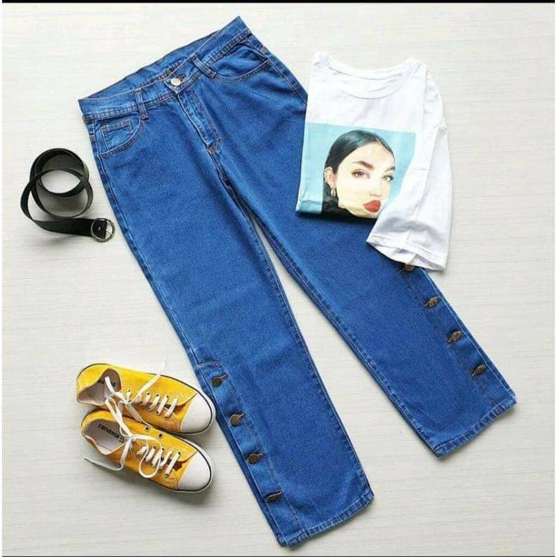 Celana Kulot Jeans Wanita Belah Kancing - Highwaist Kulot Jeans Wanita Premium