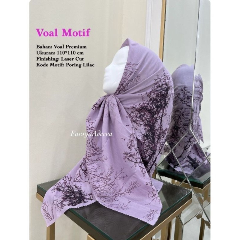Hijab Segi Empat Voal Motif Ranting Warna Lilac Kerudung Jilbab Murah Terbaru