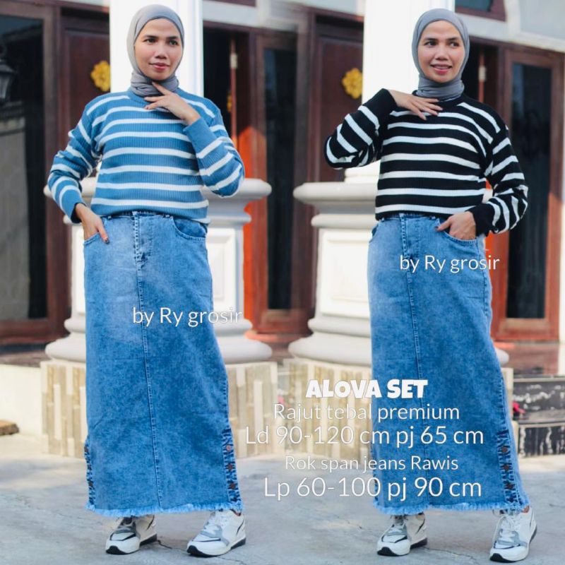 Setelan Wanita Alova Rajut Salur + Rok Span Kancing Rawis