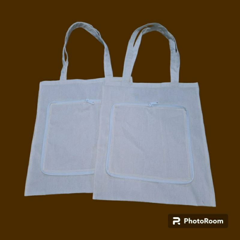 Tas belanja lipat ramah lingkungan, totebag polos resleting bahan blacu