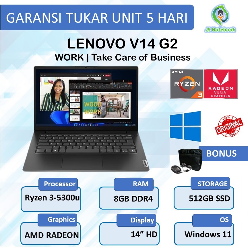 Laptop Lenovo V14 G2 Amd Ryzen 3-5300u 8GB 512SSD Win10 Pro