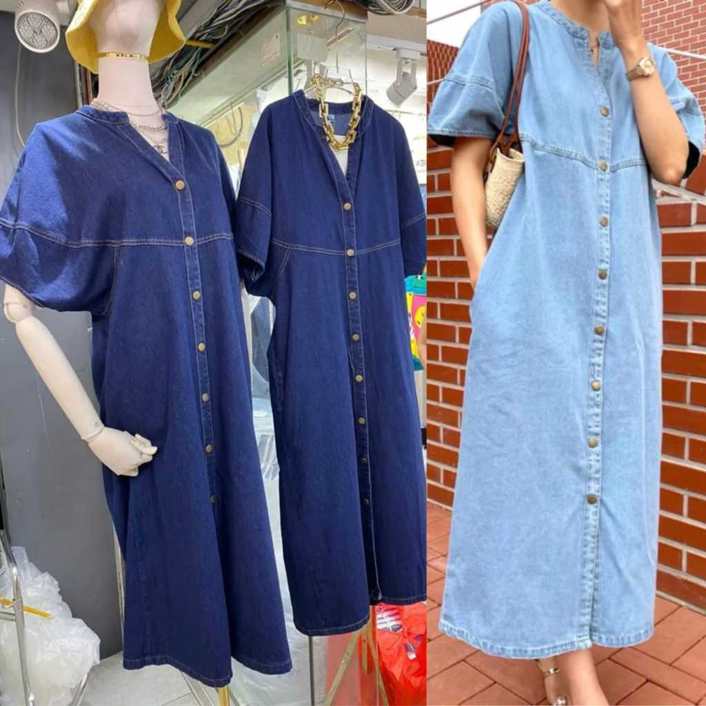 NANDO DRESS WANITA BAHAN DENIM JEANS LONG DRESS LENGAN PENDEK 9074