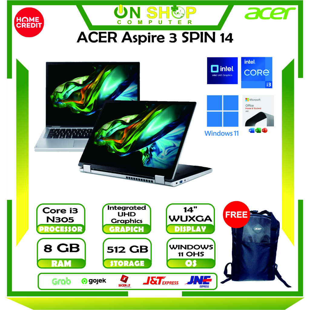 Laptop Office ACER Aspire 3 SPIN 14 Intel Core i3 N305 Ram 8GB SSD 512GB W11 OHS Touchscreen