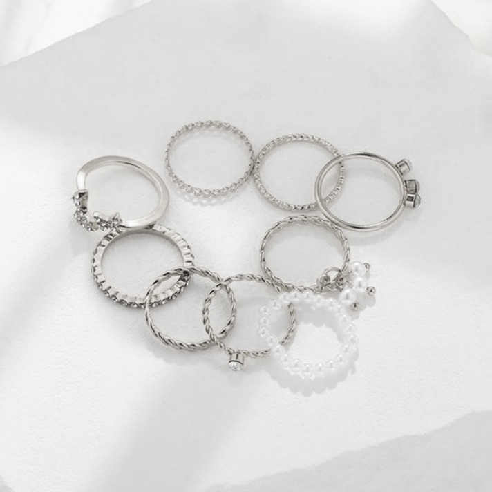 ➨➤✹✴ [9Pcs] Jual Set Cincin Silver Fashion Mewah Untuk Wanita Aksen Berlian Imitasi dan Mutiara Adju
