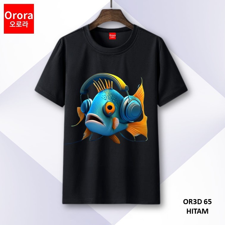 Orora Kaos Distro Premium 3D Fish Cute - Baju Atasan Sablon Pria Wanita Warna Hitam Putih Ukuran S M L XL XXL XXXL keren Original OR3D 65