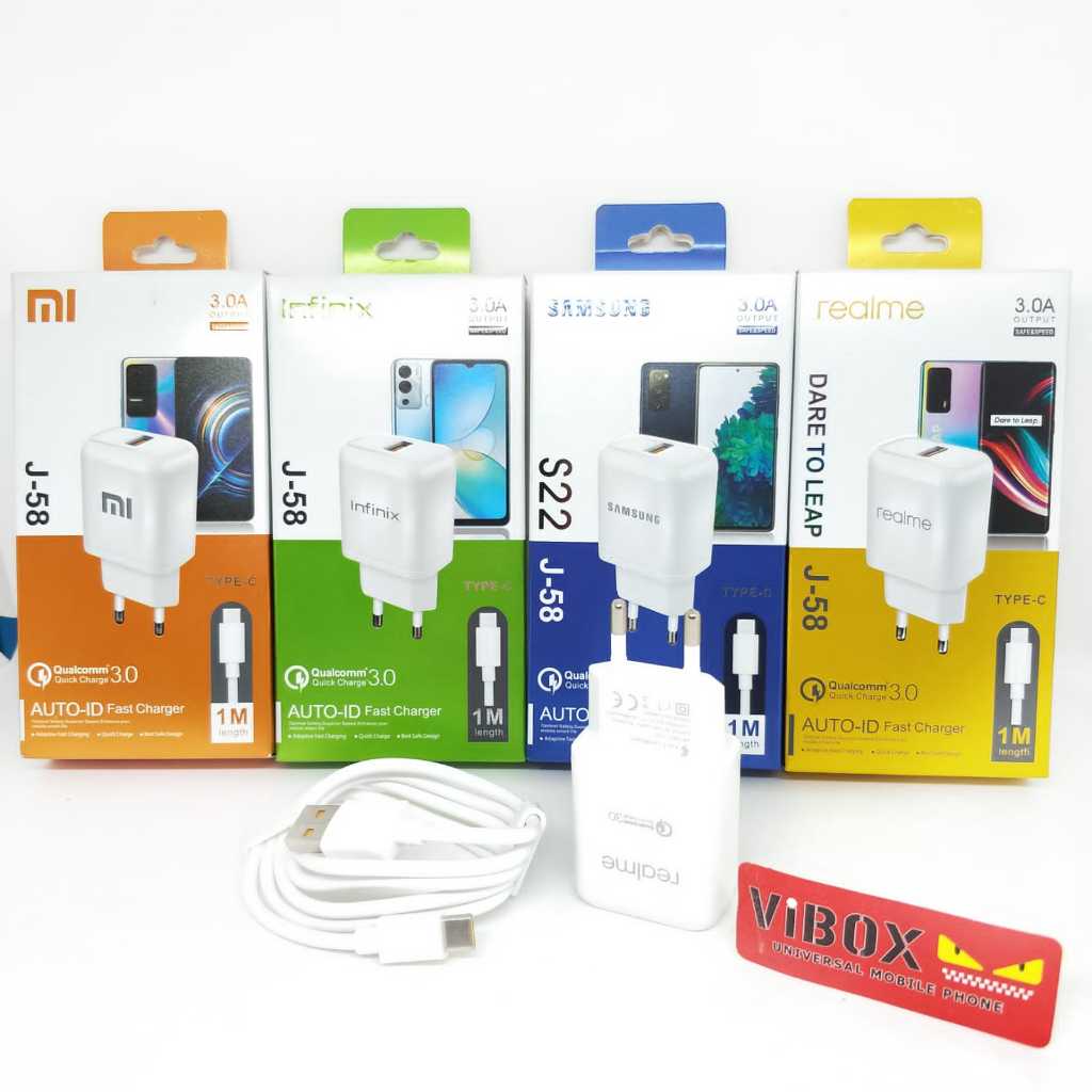 Charger Fastcharging Set + Kabel Type C J58 casan Hp 3A universal android Smartphone &amp; powerbank Original colokan typeC J-58  BY SMOLL