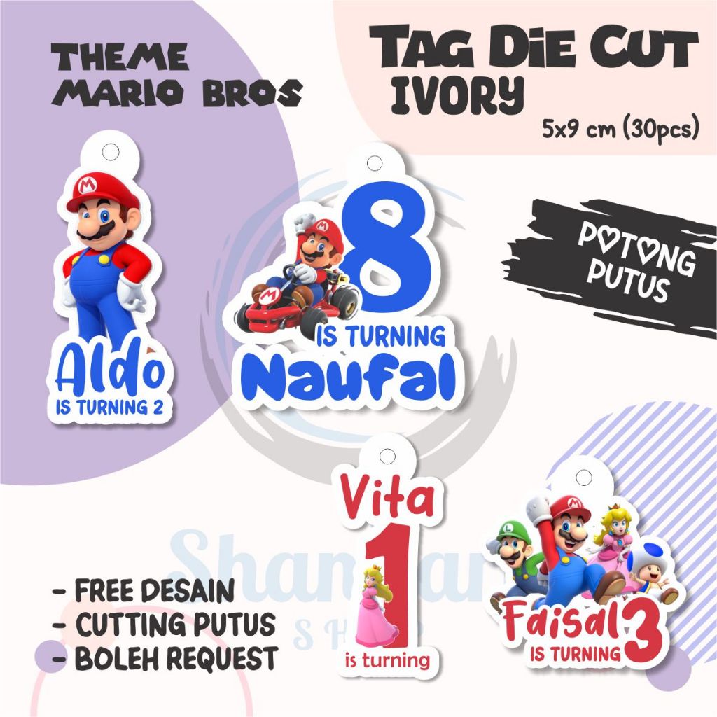 

(30pcs) Tag THEME MARIO BROS ( TAG ONLY ) TIDAK TERMASUK TALI / Tag Hampers Ulang Tahun Anak / Gantungan Custom / Cutting DIE cut / Hangtag Hologram