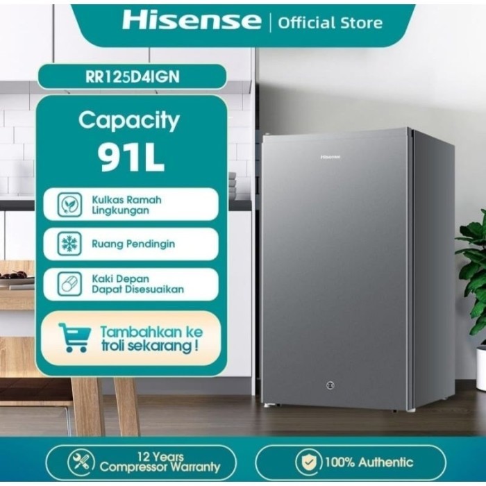 HISENSE KULKAS 1 PINTU 91L LEMARI ES REFRIGATOR RR125D4IGN - BLACK