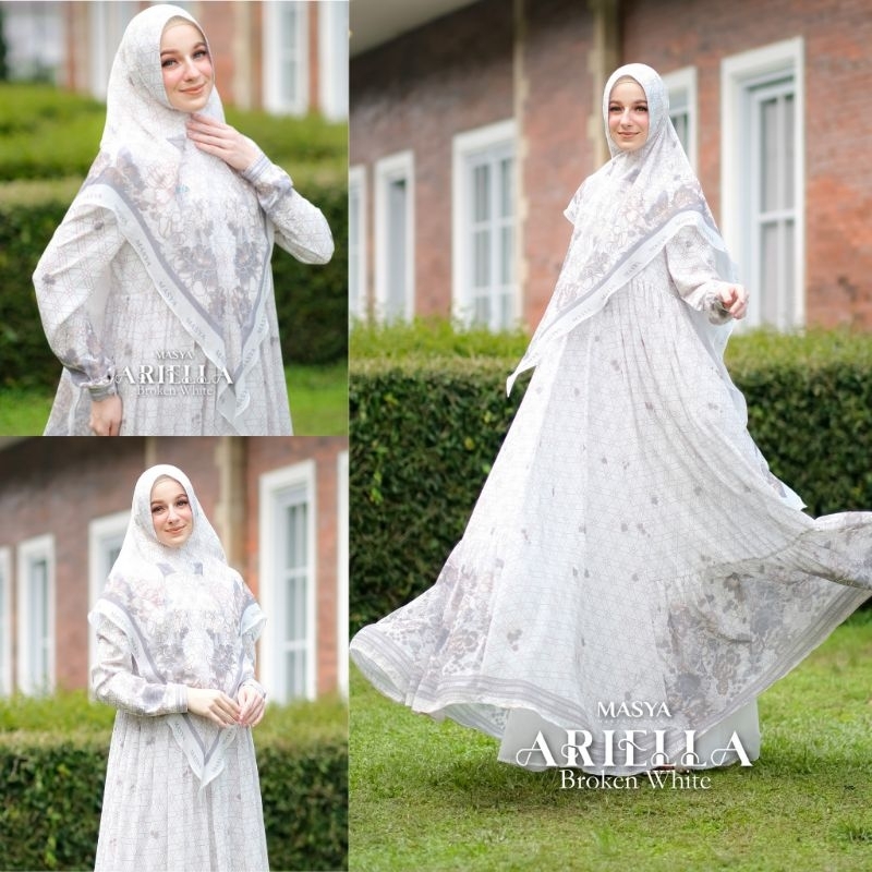 Set Gamis Dress Ceruty Babydoll Printing Premium Syari Warna Putih Broken White Mewah Masya Syari Or
