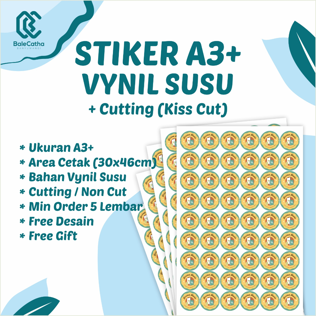 

CETAK STIKER/LABEL VYNIL SUSU A3+ Tahan Air + Cutting (Kiss Cut) | Free Desain