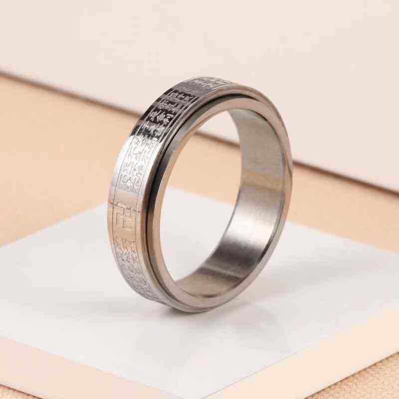 Cincin Sutra Hati Swastika Model Tipis Titanium - Heart Sutra Prayer Rotating Ring Silver Gold Impor