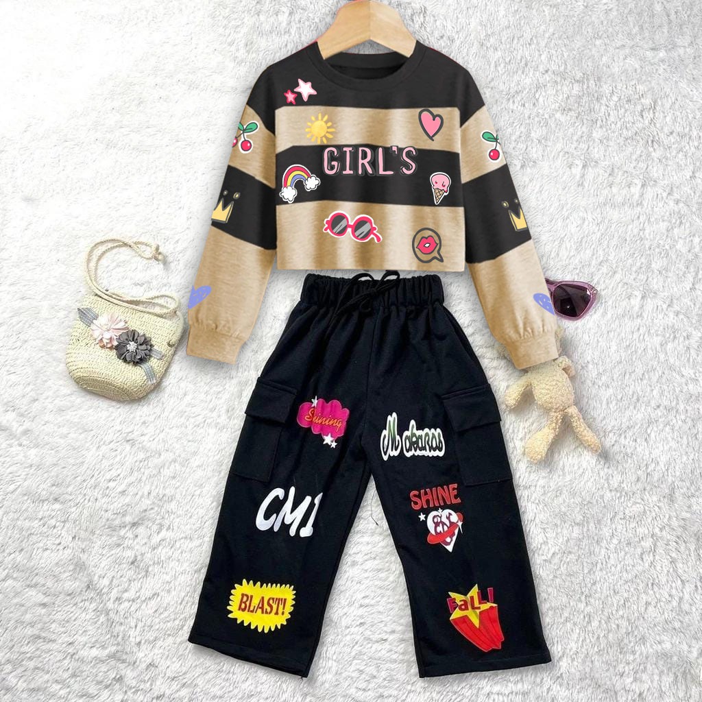 	 One Set Anak Girl's Kawaii Perempuan Multicolour Stripe Sweater Crop Cargo Sweatpant Lengan Panjang	