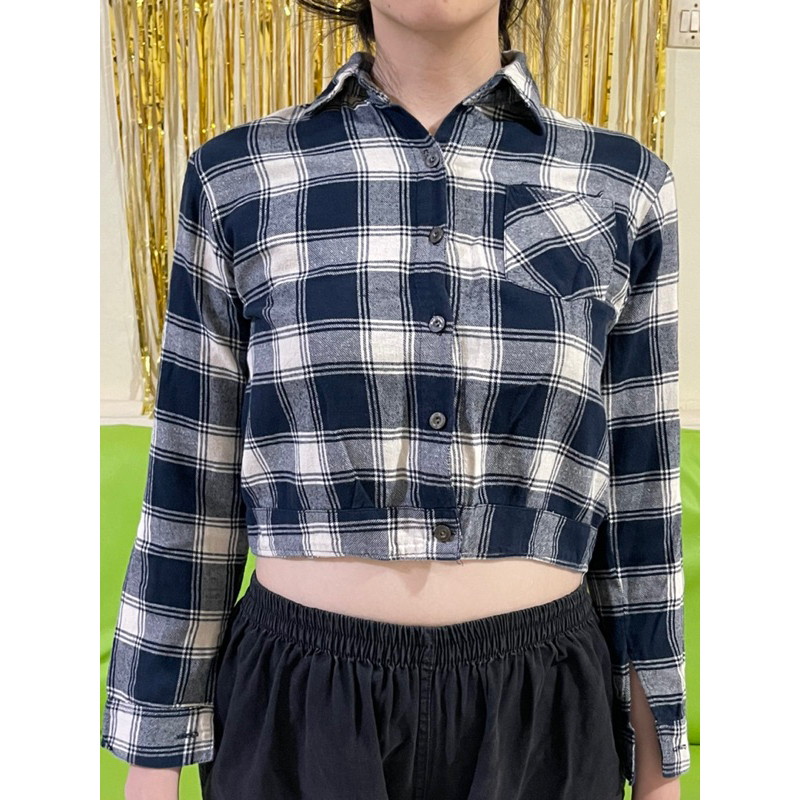 Crop Top Kemeja Wanita kotak kotak navy