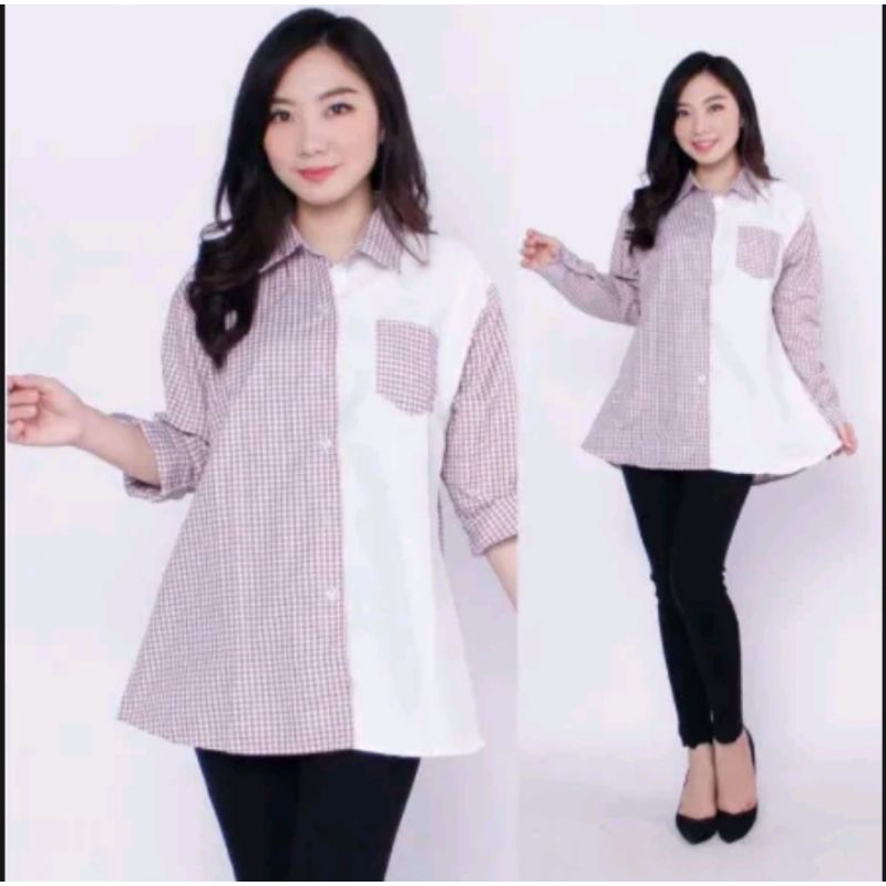 Kemeja kotak wanita bahan katun combinasi crinkle airflow