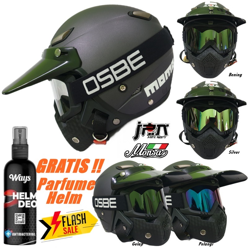 Helm Dewasa Retro Klasik JPN MOMO Kawai atau Monsa Vintage Gunmetal Grey Doff Goggle Mask OSBE atau 