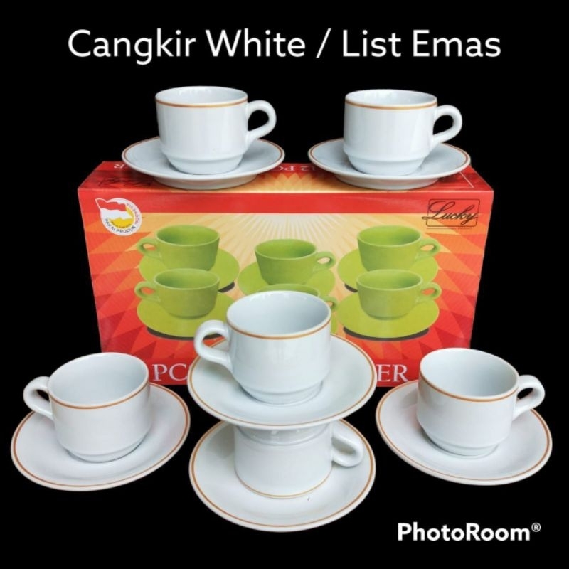 CANGKIR PUTIH HITAM LIST EMAS 6PCS + TATAKAN CANGKIR