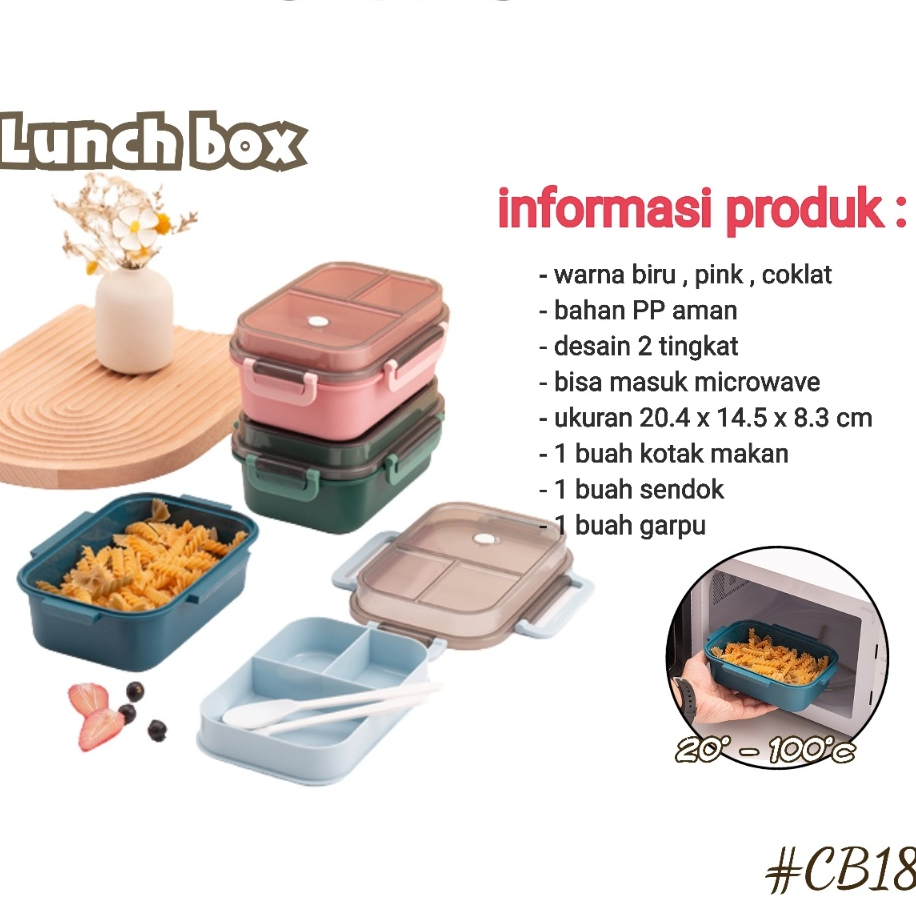 Lunch Box 2 Layer Susun 2 tingkat Kotak Bekal Anti Tumpah Lunch Box CW18 Free Sendok Garpu