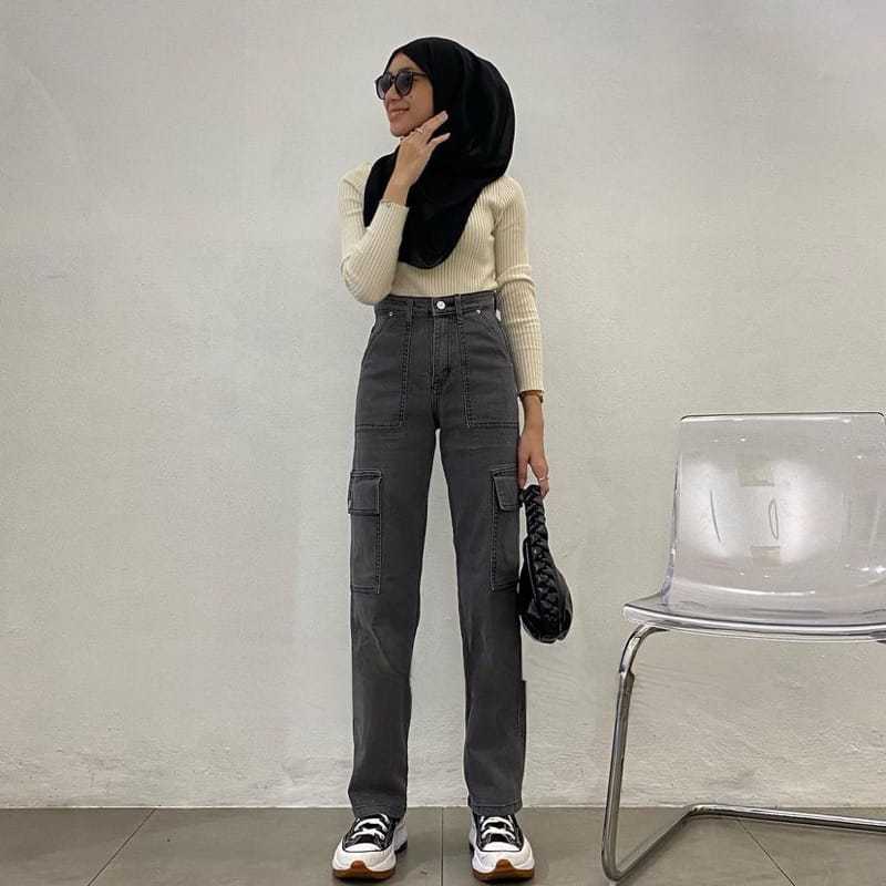 Ckey  Celana Loose Cargo Jeans Wanita  Import