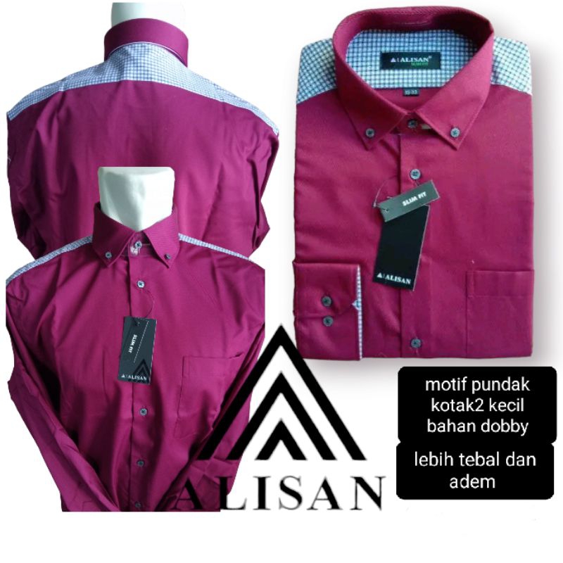 Kemeja  Alisan Slimfit Bahan Dobby Maroon Motif pundak Kotak2 kecil Lengan Panjang bisa Cod